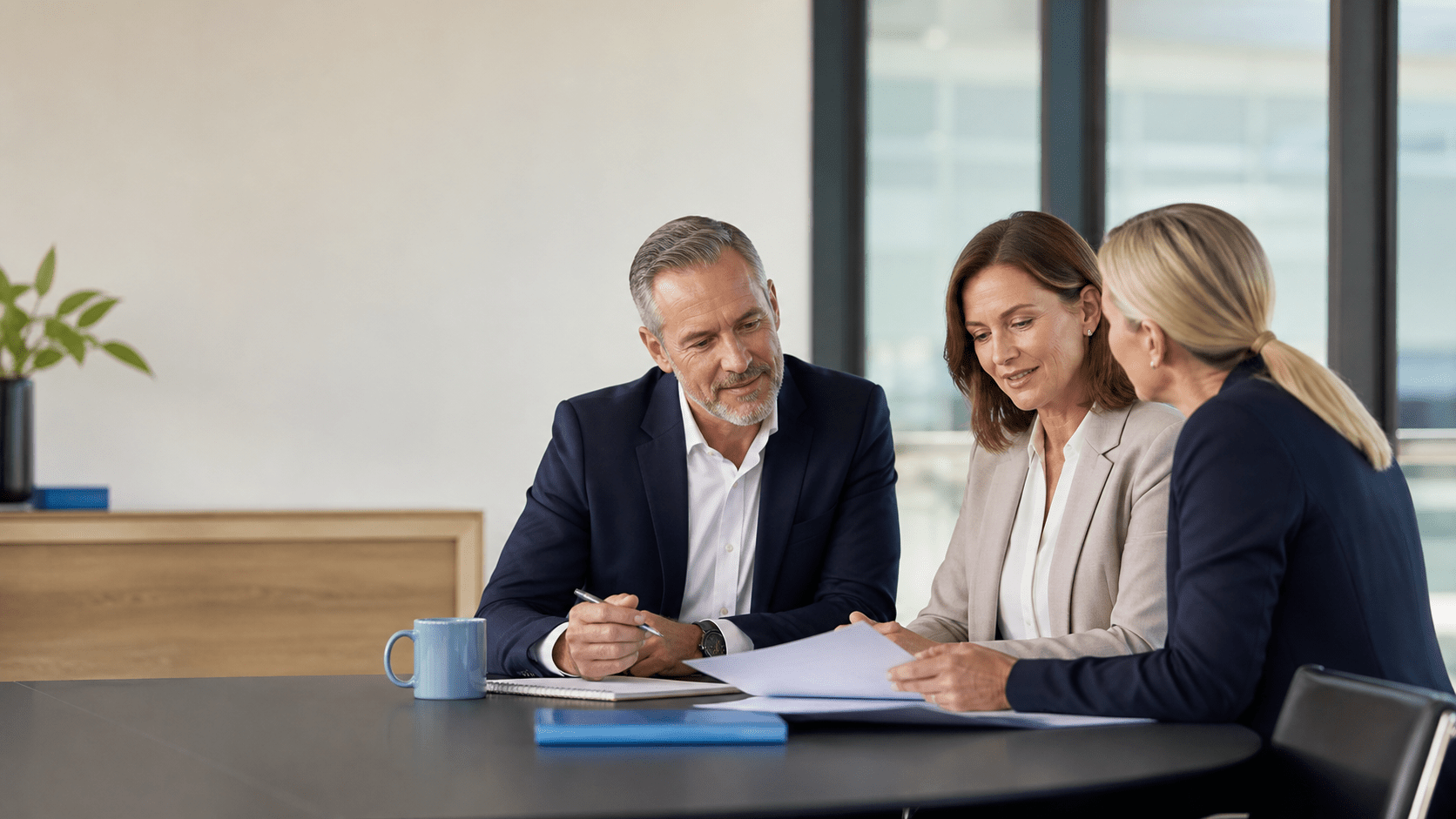 Workers compensation advisers reviewing premium and policy documents with business leaders