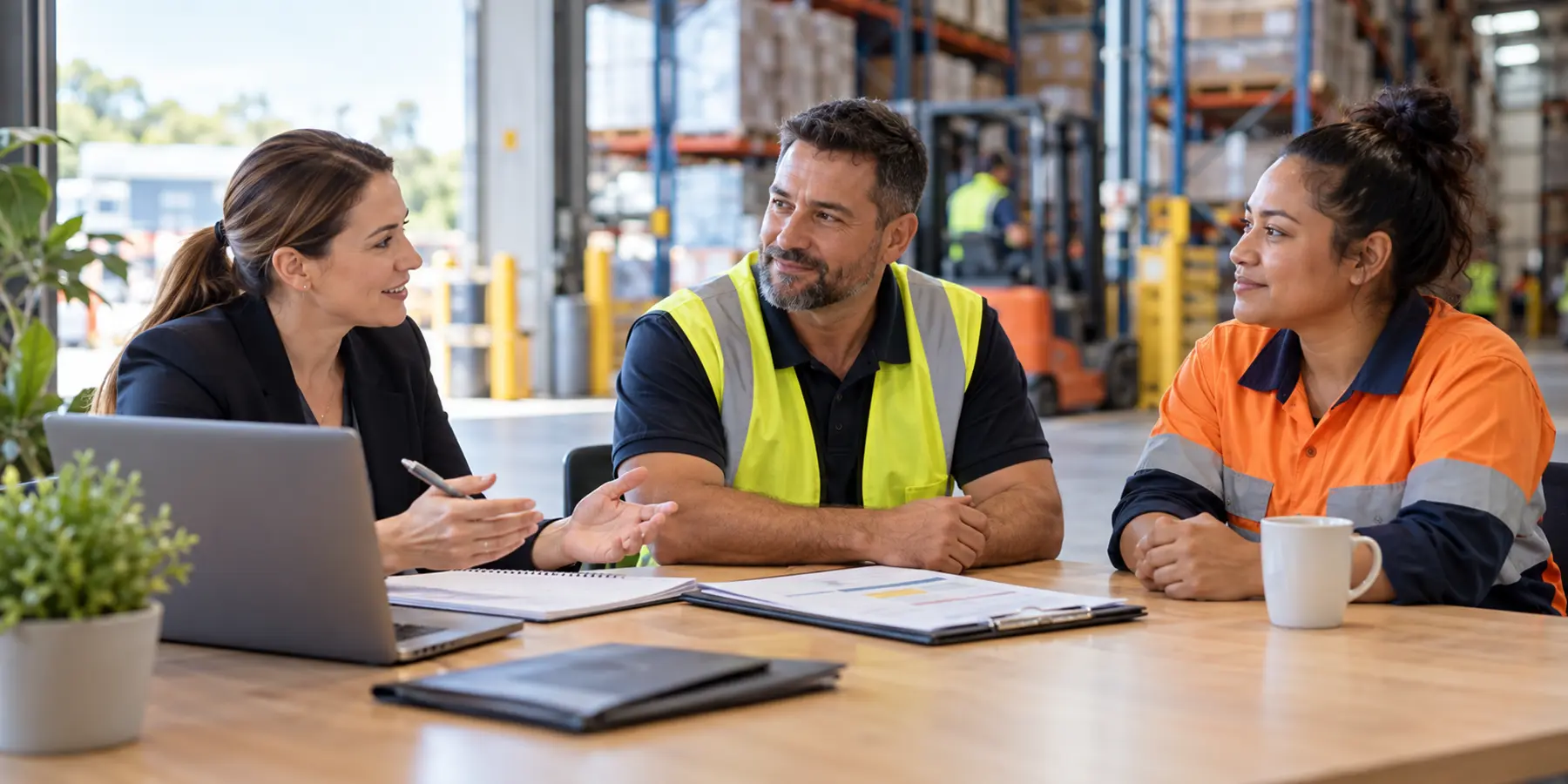 Workers compensation claims adviser meeting with a warehouse supervisor and employee