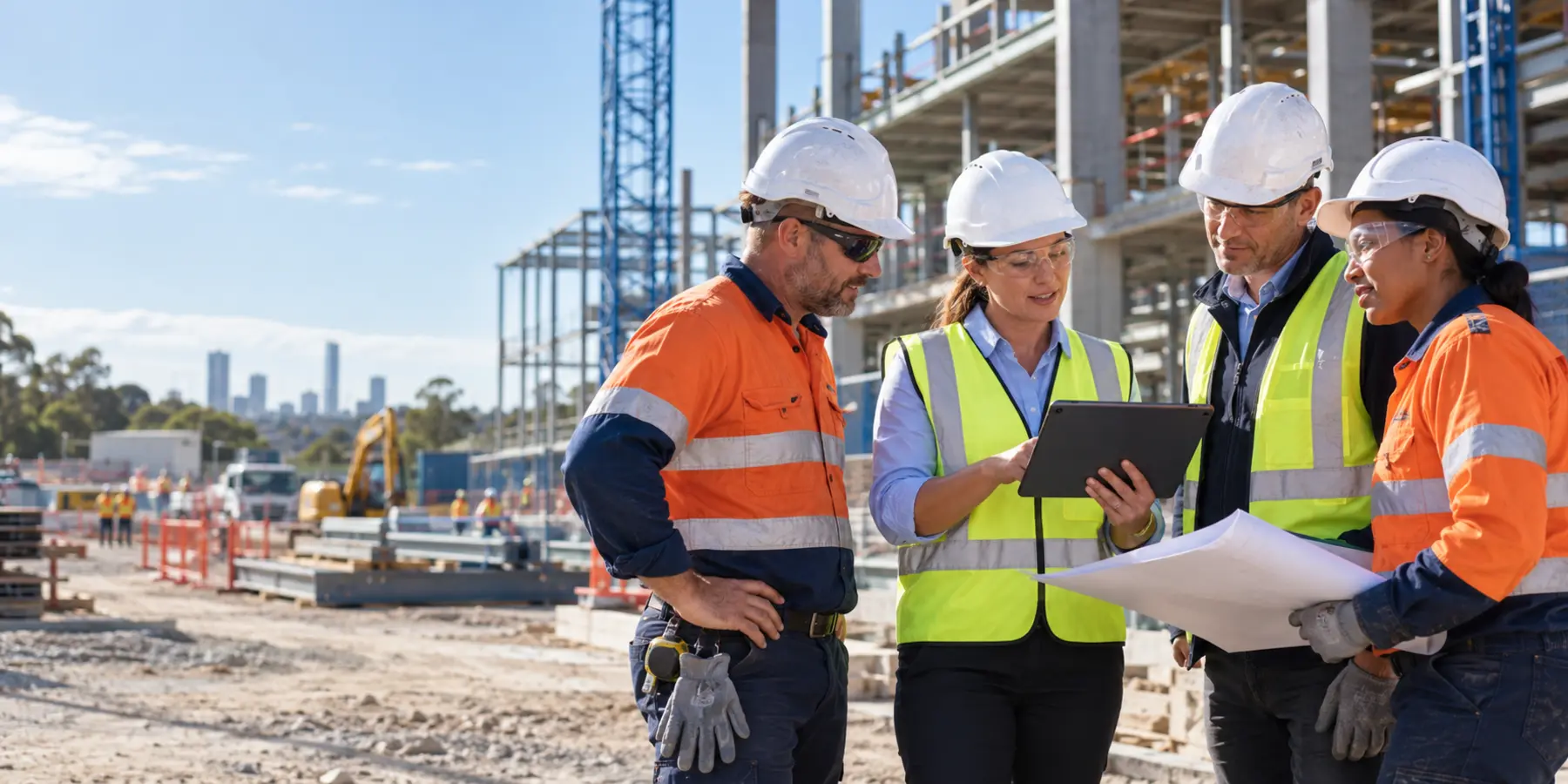 Workers compensation adviser reviewing workplace risks with an Australian construction team