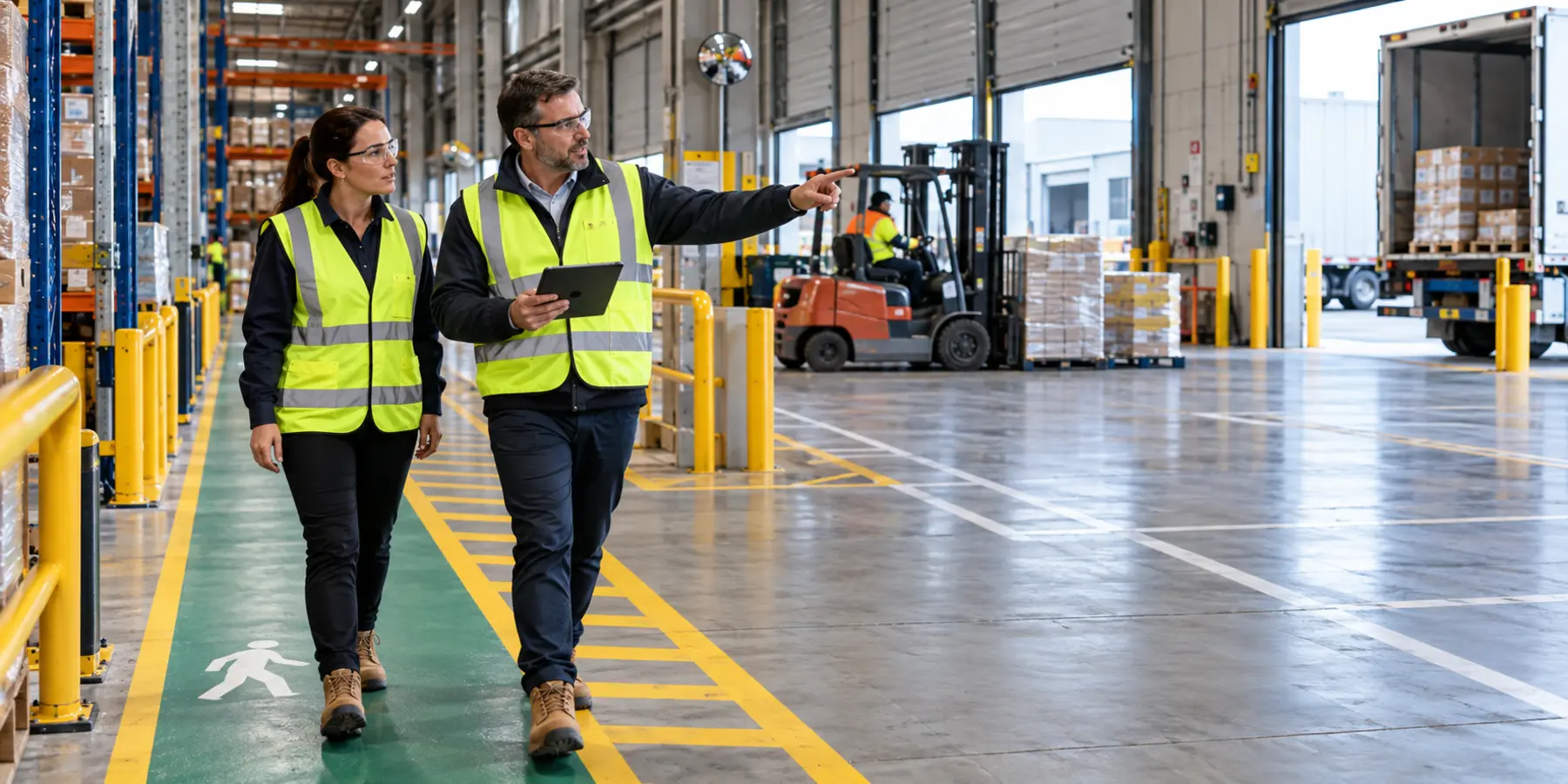 Workplace risk advisers inspecting traffic controls in an Australian distribution centre